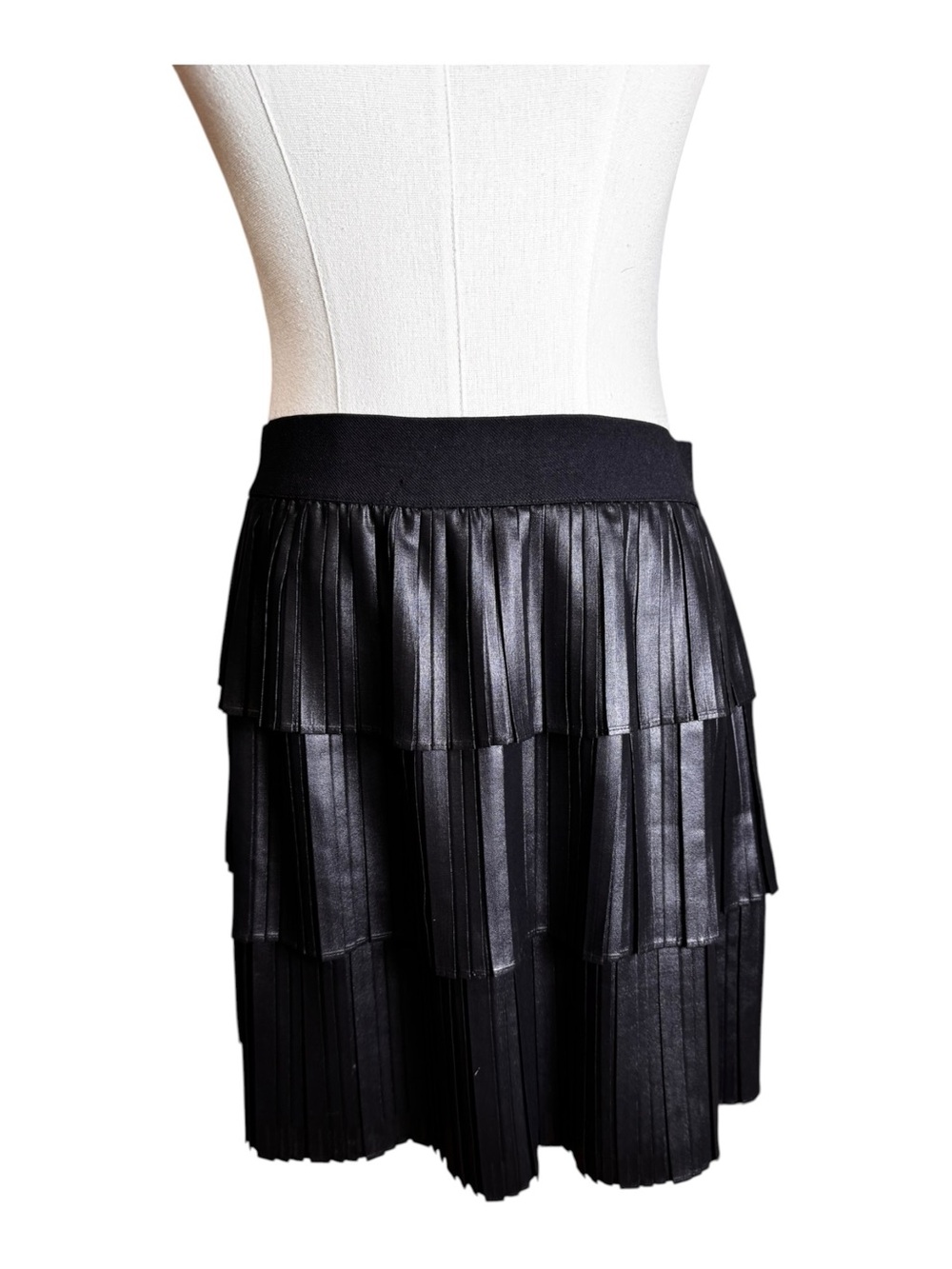BCBGMAXAZRIA Tiered Knife Pleated Metallic Vegan Leather Mini Skirt Black S